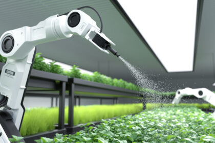 AGTECH: La Revolución que Impulsa al Campo Argentino al Liderazgo Global. smart robotic farmer spraying fertilizer on vegetable green plan